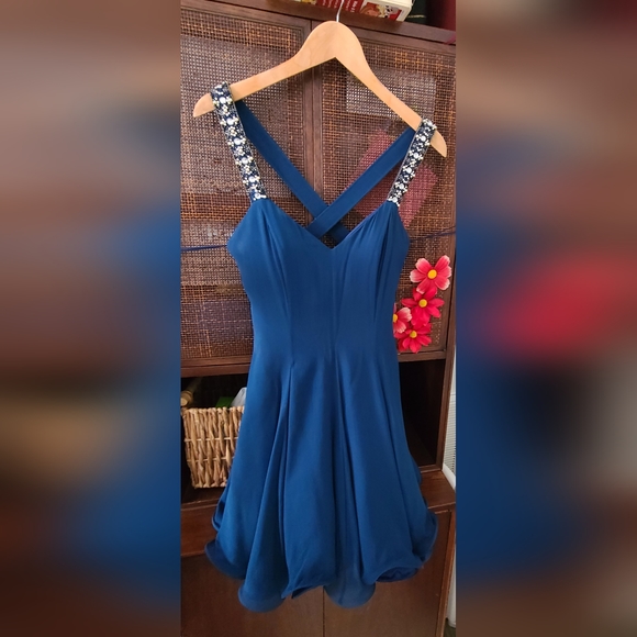 Niteline Della Roufogali Vintage Blue Silk Beaded Strap Mini Dress Size 6 - Picture 6 of 7